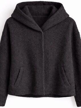 Eileen Fisher Cozy Recycled Wool Boucle Hooded Jacket Black Snap Front Boxy XXS